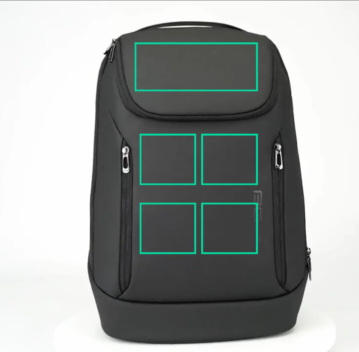 Front of the backpack with five ad spots